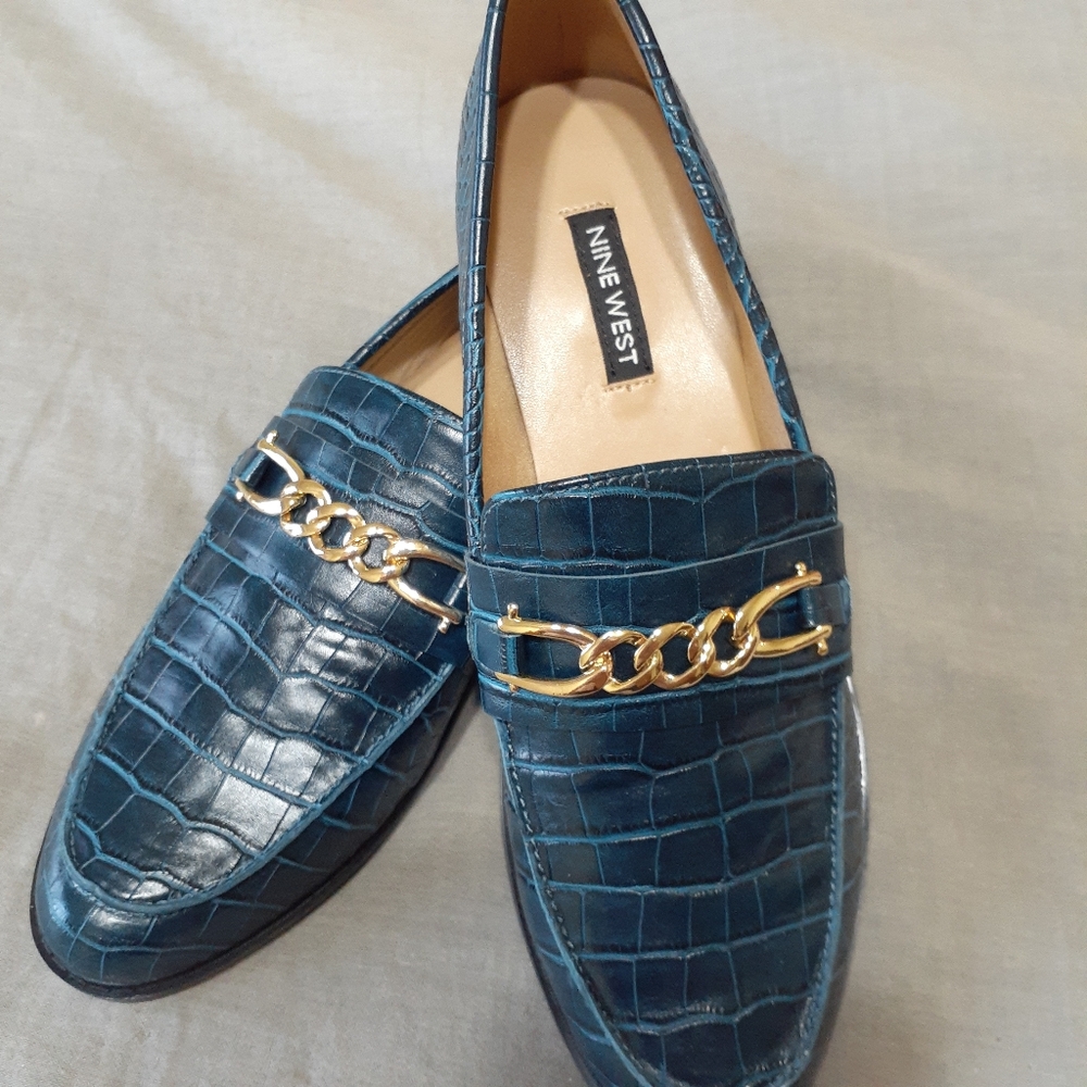 Nine West Blue Leather Loafers with Gold Chain Detail